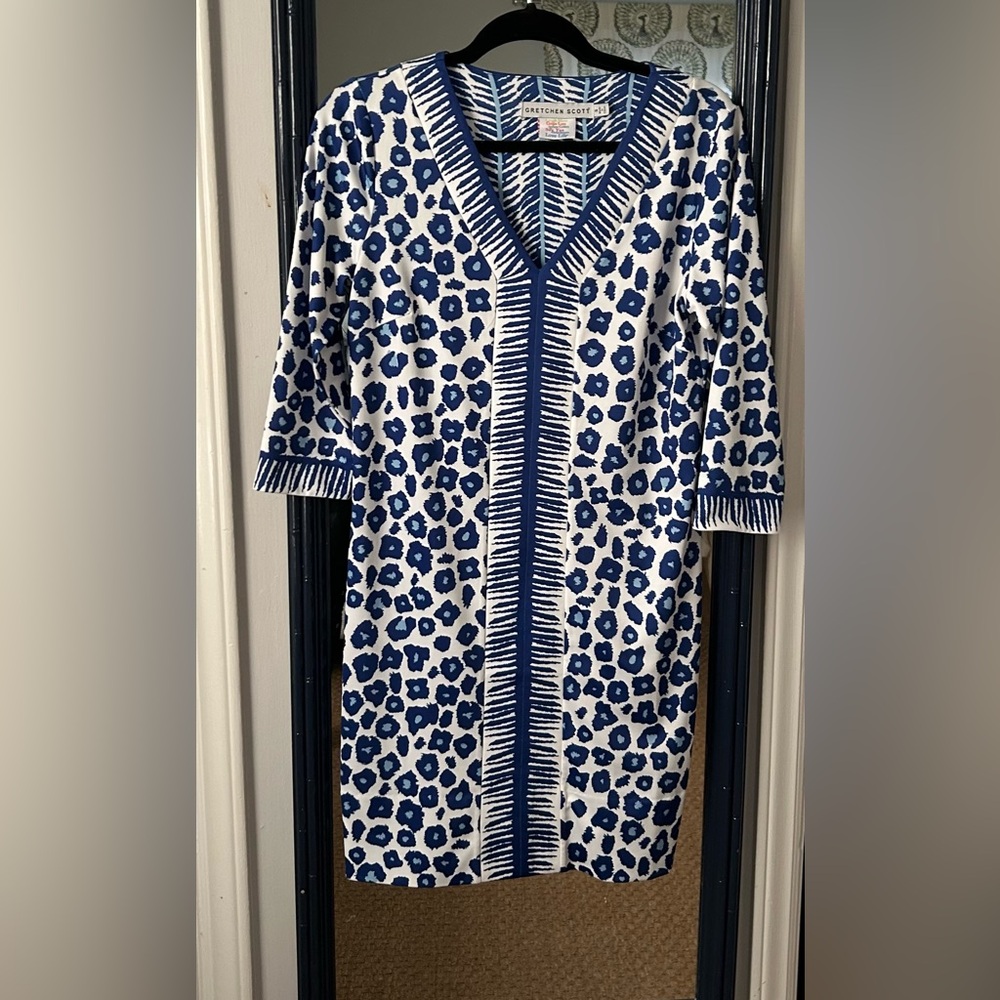 Gretchen Scott Shift Dress Blue and White Leopard Print Size S